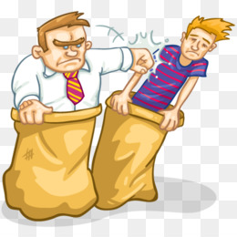 Two men in sack race, one angrily pulling the other’s sack; cartoon illustration.