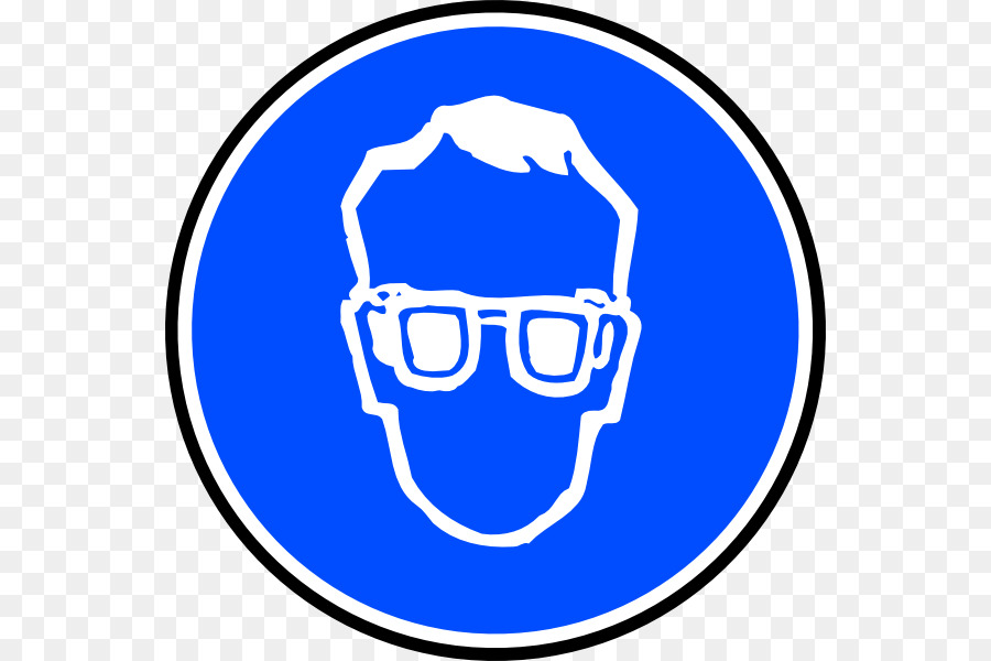Blue circular safety sign depicting a white silhouette of a person wearing protective eyewear.