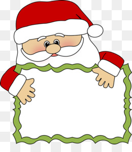 Cheerful cartoon Santa Claus holding a blank green-bordered sign, ready for holiday messages.