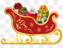 Red and gold ornate Christmas sleigh filled with wrapped gifts and bows on transparent background.