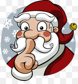 Cartoon Santa Claus with finger to lips, signaling silence, against snowy background with snowflakes.