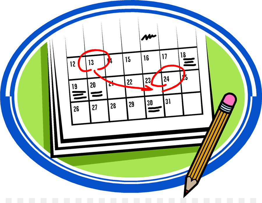 Calendar with dates 13 and 24 circled in red, connected by an arrow; pencil beside it on green background.