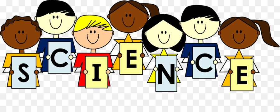 Diverse group of cartoon children holding letters spelling "SCIENCE" with smiling faces and colorful outfits.