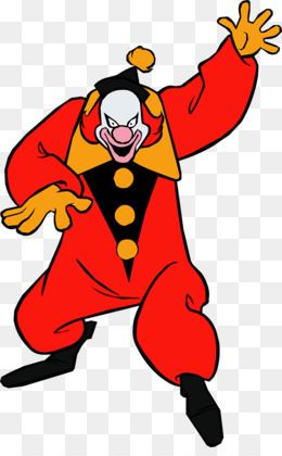 Animated red-clad clown with exaggerated grin, yellow ruffled collar, black vest with gold buttons, and dynamic pose.