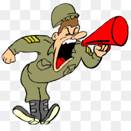 Cartoon soldier shouting into a red megaphone, wearing olive uniform and helmet.