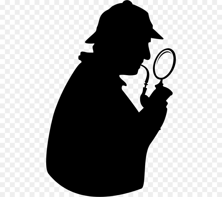 Silhouette of a detective in deerstalker hat holding a magnifying glass, inspecting closely.