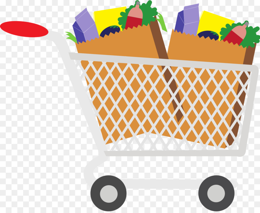 A shopping cart filled with two brown paper bags containing groceries like milk, fruit, and vegetables.