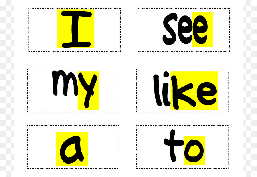 Six flashcards with sight words "I", "see", "my", "like", "a", and "to" in bold black font on yellow highlights within dashed boxes.
