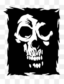 Black-and-white stylized skull with jagged edges on a torn-paper background.
