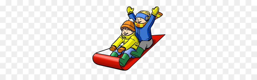 Two joyful children sledding down a snowy hill on a red sled, wearing winter gear and raising arms in excitement.