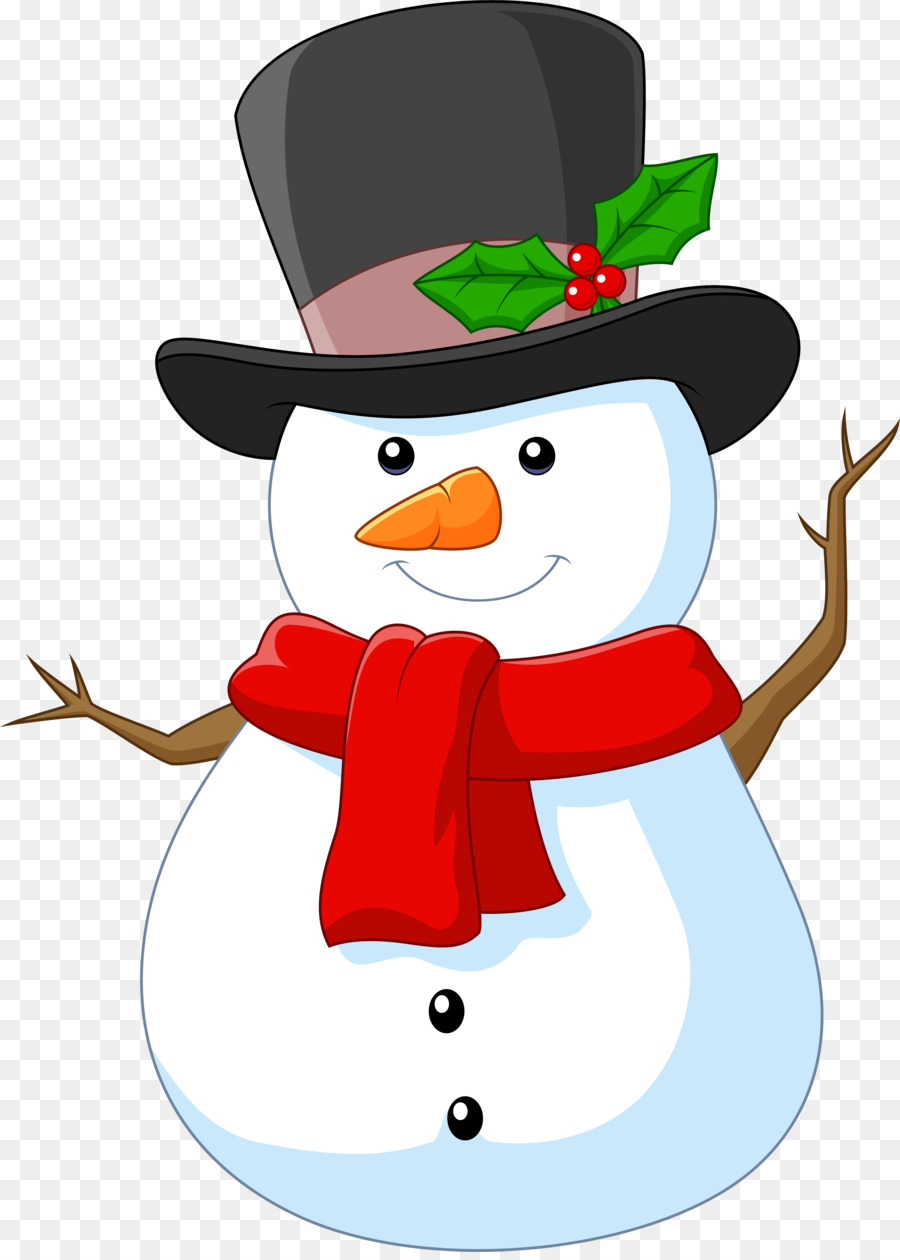 Cheerful cartoon snowman wearing a black top hat with holly, red scarf, and twig arms, smiling warmly.
