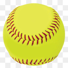 Bright yellow softball with red stitching on transparent background