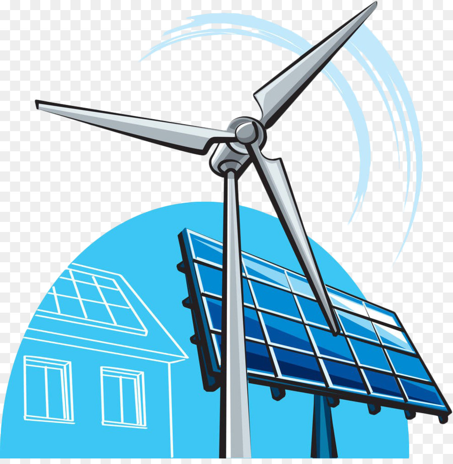 Wind turbine and solar panels powering a home-renewable energy illustration.