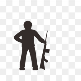 Silhouette of a person holding an assault rifle, standing confidently with one hand on hip.