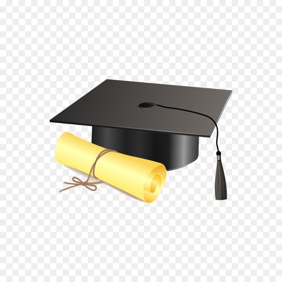 Black graduation cap with tassel and rolled yellow diploma tied with twine on transparent background.