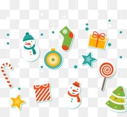 Festive Christmas icons including snowman, candy cane, gift box, stocking, star, lollipop, ornament, and tree on transparent background.