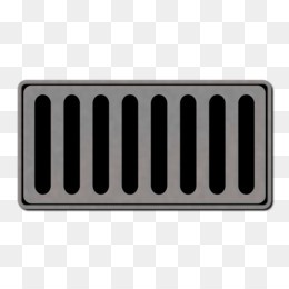 Gray metal storm drain grate with evenly spaced vertical slats on transparent background.
