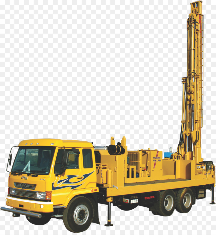 Yellow AMW truck-mounted drilling rig with tall mast and hydraulic system on transparent background.