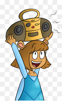 Joyful cartoon girl holding a vintage boombox over her head, smiling widely with energetic expression.