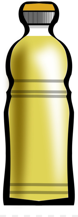 Yellow plastic beverage bottle with black cap and gray bands, filled with golden liquid.