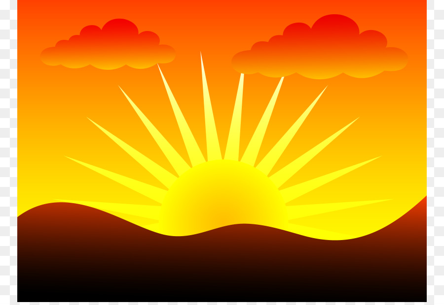 Vibrant sunrise with yellow sun rising over dark hills, orange sky, and red-tinted clouds.