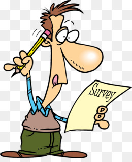 Cartoon man holding pencil and survey form, looking thoughtful and slightly confused.