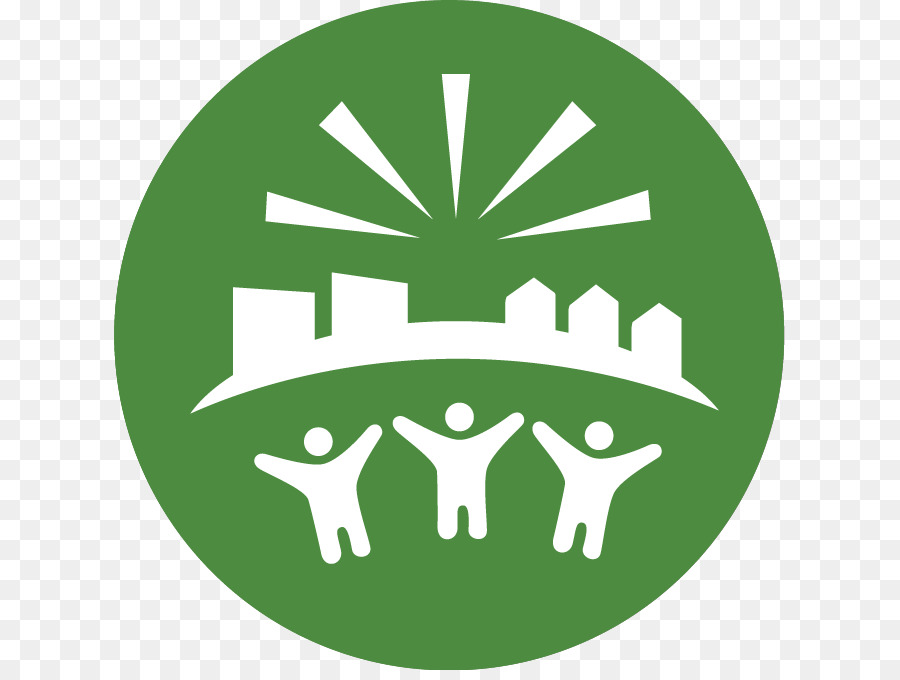 Green circular icon showing three people under a city skyline with sunburst above, symbolizing community and sustainability.