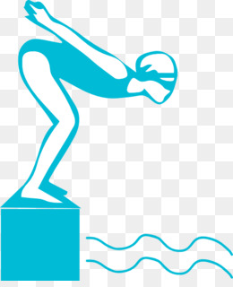 Stylized blue silhouette of a diver poised on a platform above water, ready to leap.