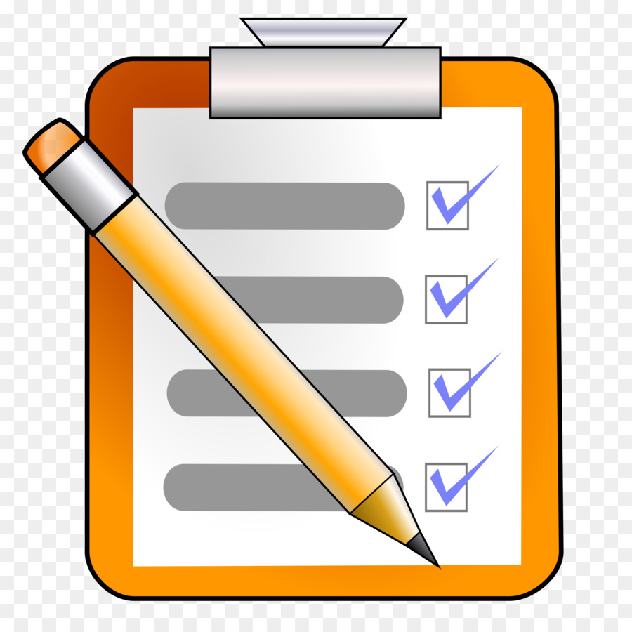 Orange clipboard with checklist and yellow pencil, four items checked in blue.