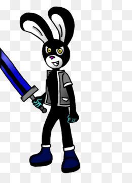 A black-and-white anthropomorphic rabbit warrior holding a glowing blue sword, wearing a jacket and boots.