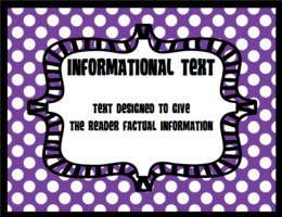 Purple polka-dot educational graphic defining "Informational Text" as text that gives factual information to readers.