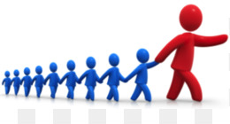 A red leader figure guiding a line of blue figures by holding hands, symbolizing leadership and teamwork.