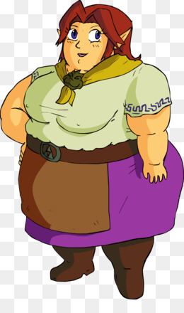 A cheerful, stout elf woman with red hair, pointed ears, wearing a green tunic, brown apron, and purple skirt.