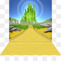 A vibrant yellow brick road leads toward a glowing green emerald city under a radiant blue sky, flanked by golden fields and rocky terrain.
