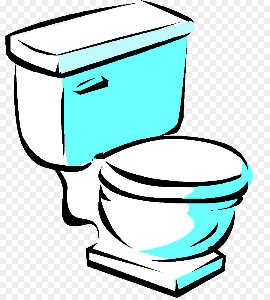 Illustrated cartoon-style toilet with cyan tank and white bowl on transparent background.