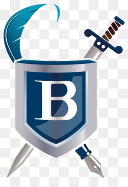 Blue shield logo with white letter 'B', crossed sword and quill, and feather plume.