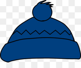Blue knit beanie with pom-pom and zigzag pattern on transparent background