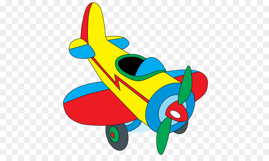 Colorful cartoon-style toy airplane with yellow fuselage, red wings, blue accents, green propeller, and black cockpit.