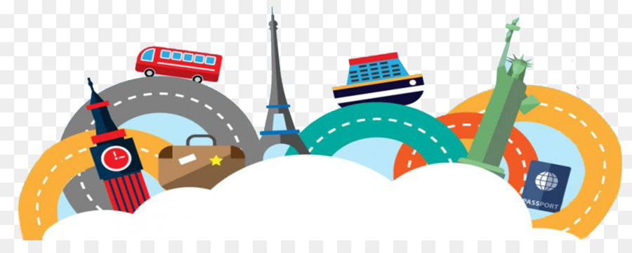 Colorful travel icons including Eiffel Tower, Statue of Liberty, Big Ben, bus, ship, suitcase, passport, and winding roads on cloud background.