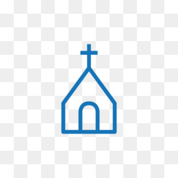 Blue line icon of a church with a cross on the steeple, minimalist design on transparent background.