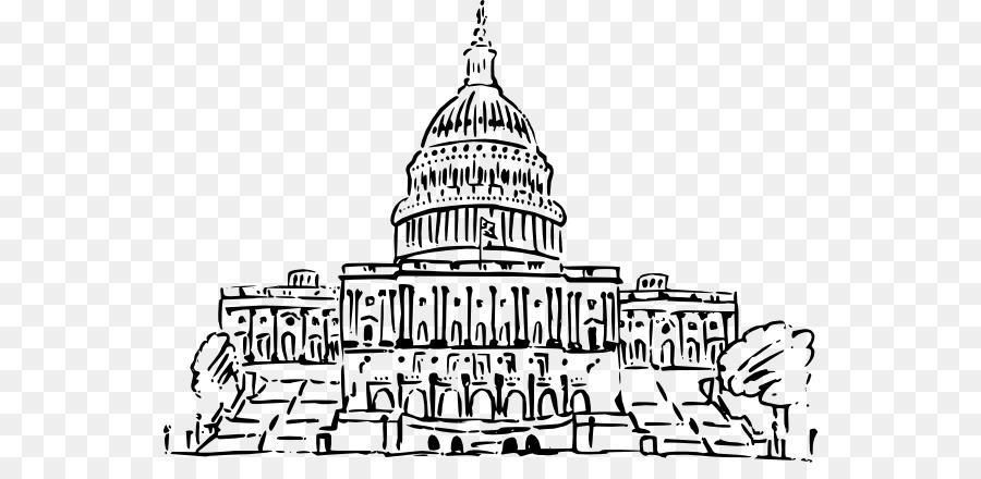 Black-and-white line drawing of the United States Capitol Building with dome, columns, and surrounding trees.