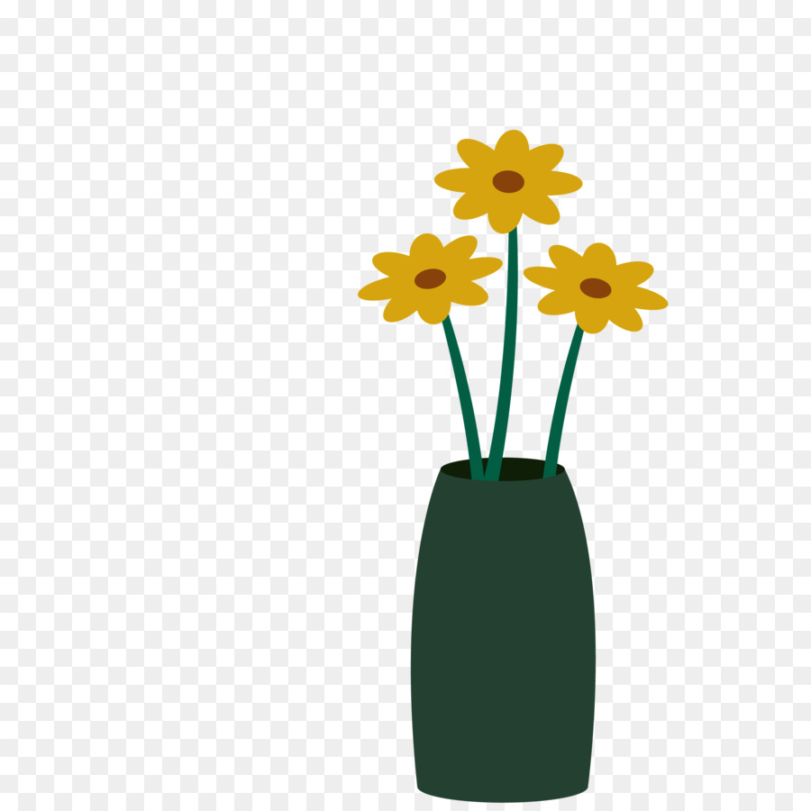 Three yellow daisies with brown centers in a dark green vase on transparent background.