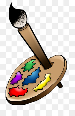 A wooden paintbrush with black bristles rests on a wooden artist's palette holding blobs of red, purple, blue, green, and yellow paint.