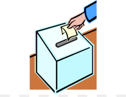 A hand deposits a yellow ballot into a light blue voting box with a slot on top.
