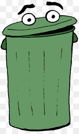 A cartoon green trash can with expressive eyes and eyebrows, lid slightly open, on transparent background.