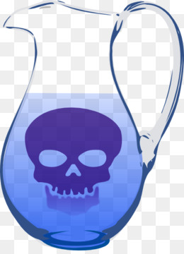 Blue glass pitcher filled with liquid and a purple skull symbol, indicating poison or danger.