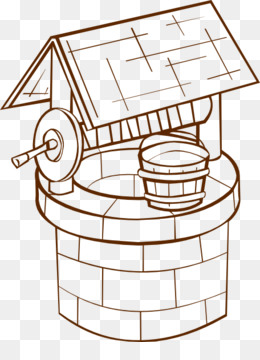 Hand-drawn illustration of a traditional stone well with wooden roof, pulley, and bucket.