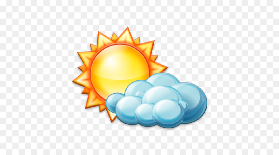 Sunny weather icon with a bright yellow sun partially covered by a light blue cloud on transparent background.