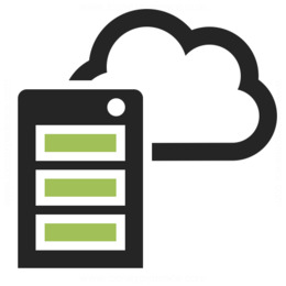 Black server rack with three green status bars connected to a cloud icon, representing cloud computing or hosting services.