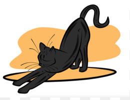 Black cat stretching forward with arched back and raised tail on orange background.